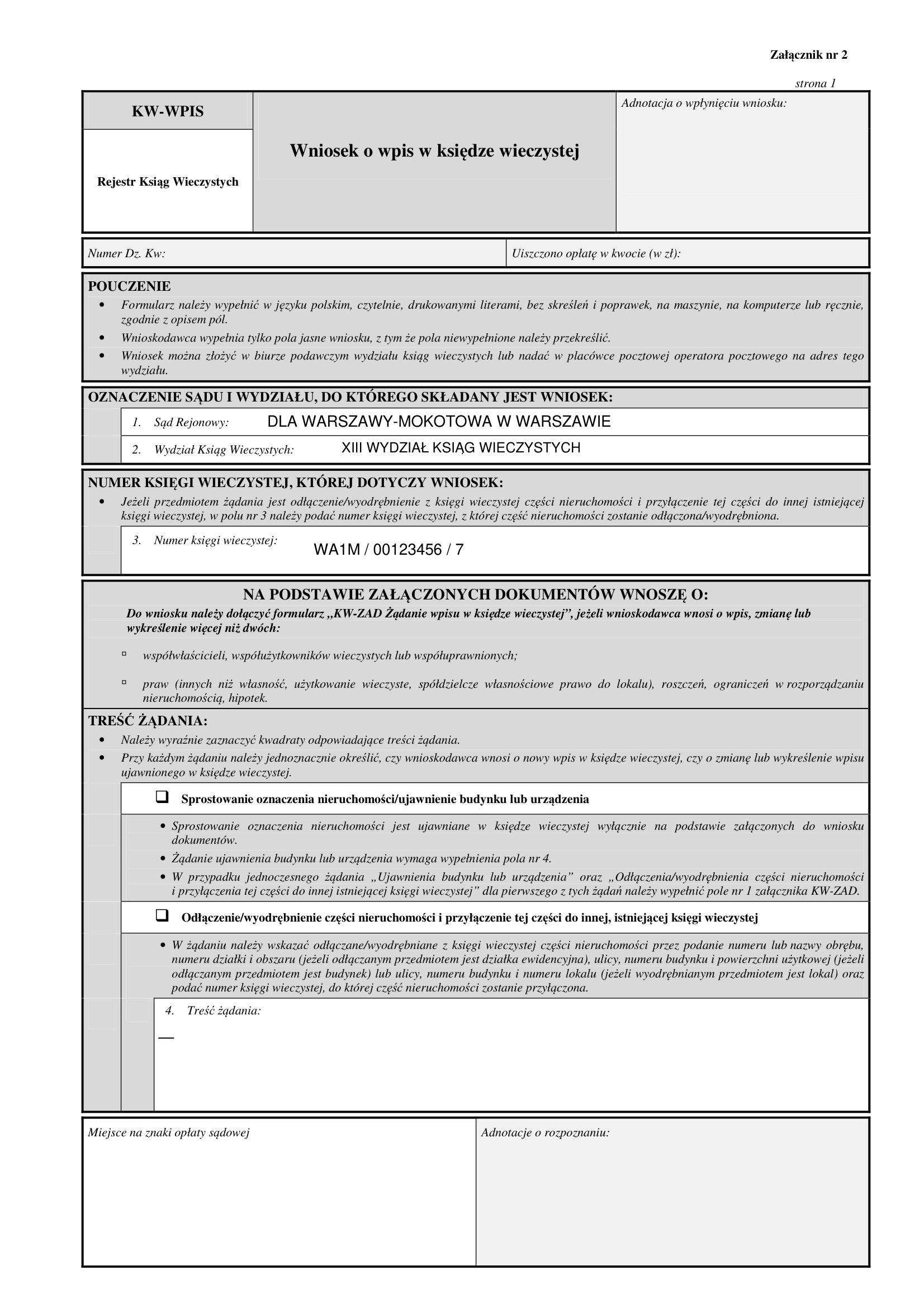 Strona 1 formularza KW-WPIS z wypełnionym oznaczeniem sądu, wydziału i numerem księgi wieczystej