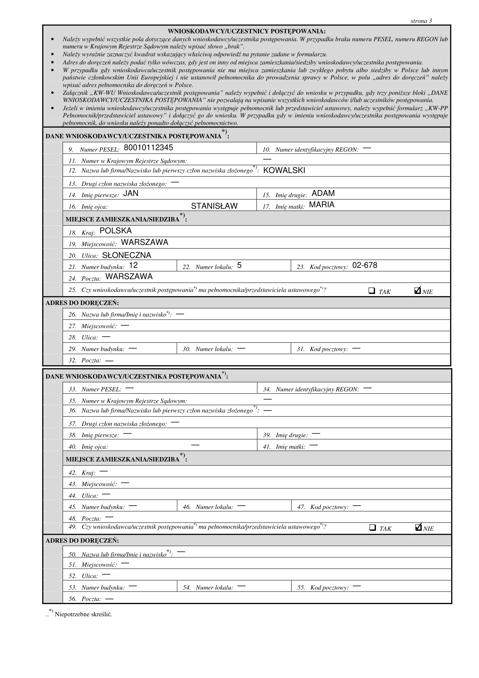 Strona 3 formularza KW-WPIS z wypełnionymi danymi wnioskodawcy - PESEL, imię, nazwisko, adres