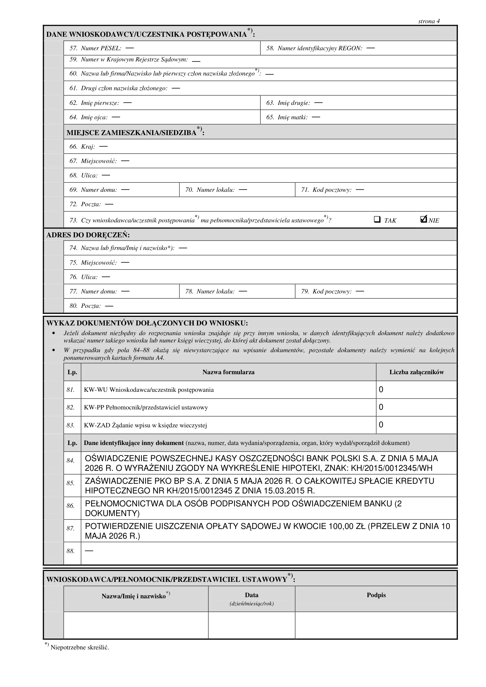 Strona 4 formularza KW-WPIS z wypełnioną listą załączników - list mazalny, zaświadczenie o spłacie kredytu, pełnomocnictwa, potwierdzenie opłaty